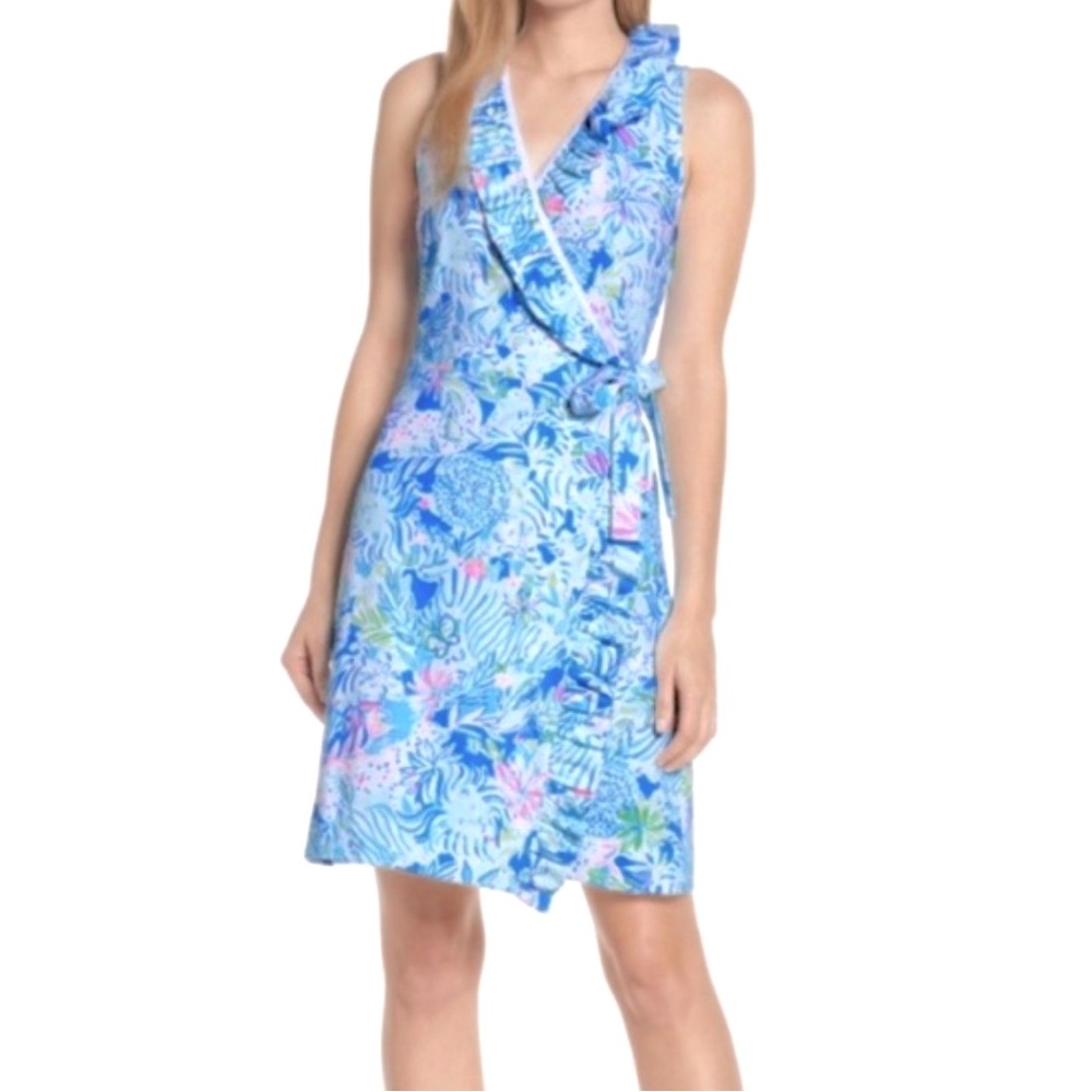 Lilly Pulitzer Women's Romee Ruffle Wrap Dress Coastal Blue Lion Around Size XL